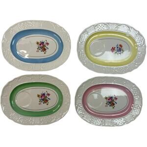 Oblong White Floral Pattern Tea Sandwich Plates Set of 4